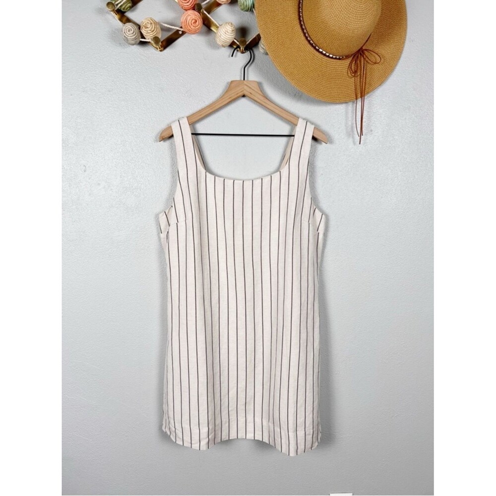 NWT Evereve Leah Linen Mini Shift Dress in Oatmeal Black Stripe Size Large - Picture 7 of 8